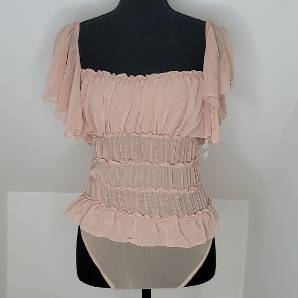 Free People Tops - NWT Intimately Free People Smocked Bodysuit S Blush Pink Flutter Sleeve Ruffle